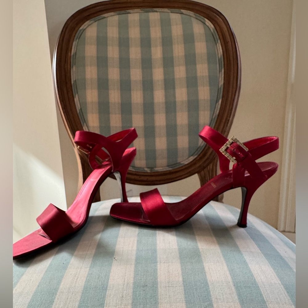 Escada Fire-engine red satin heels. Size 10B Used condition sold as is .